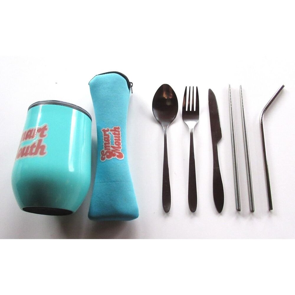 Set of 8 Tumbler Spoon Fork Knife Straw 2 Chop Sticks Pouch -Stainless Steel NEW